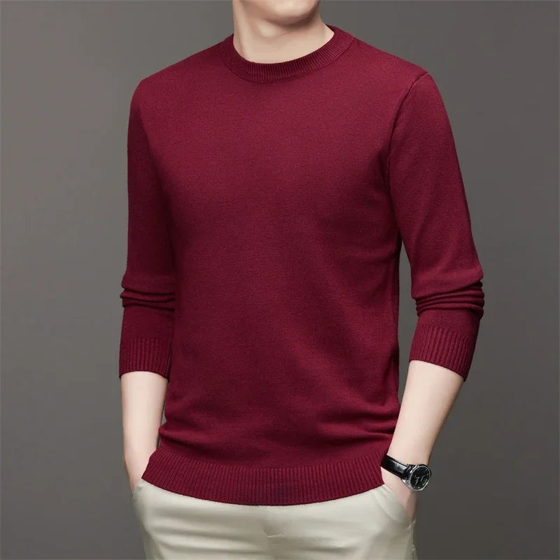 Men's Round Neck Long Sleeved Solid Color Sweater