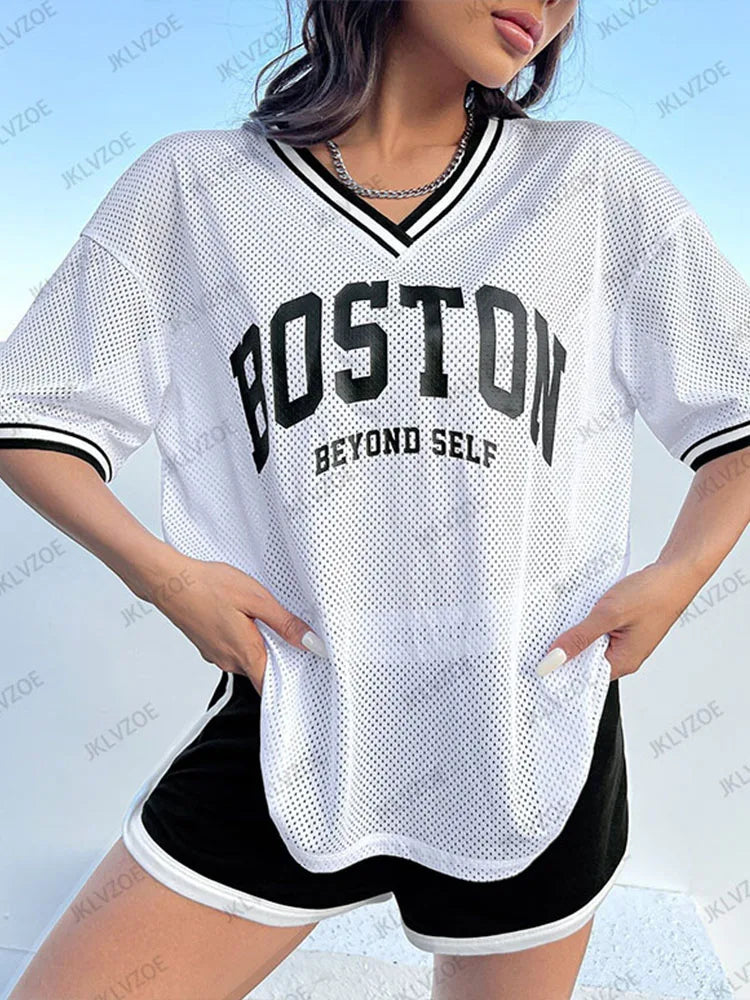 2025 Summer White Boston Print T-Shirt For Women