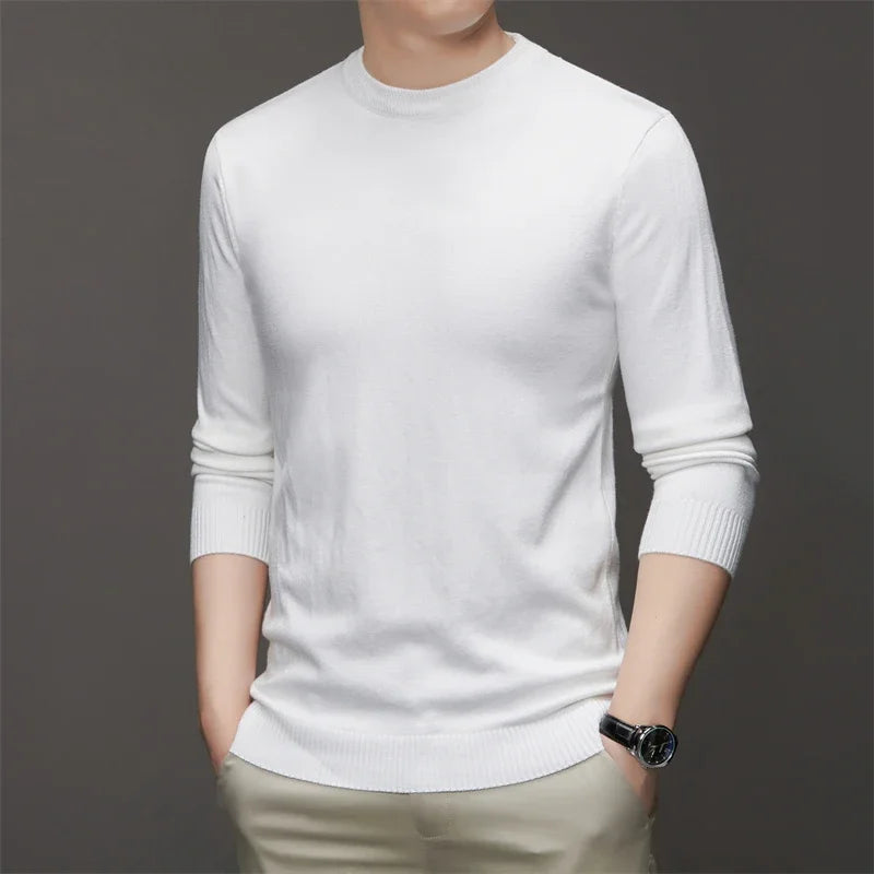 Men's Round Neck Long Sleeved Solid Color Sweater