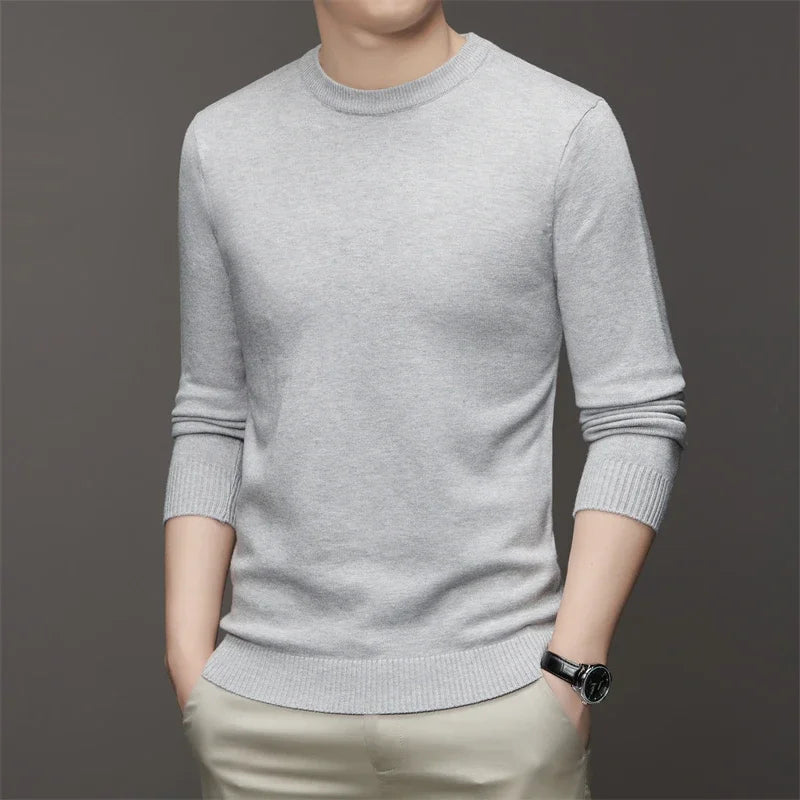 Men's Round Neck Long Sleeved Solid Color Sweater