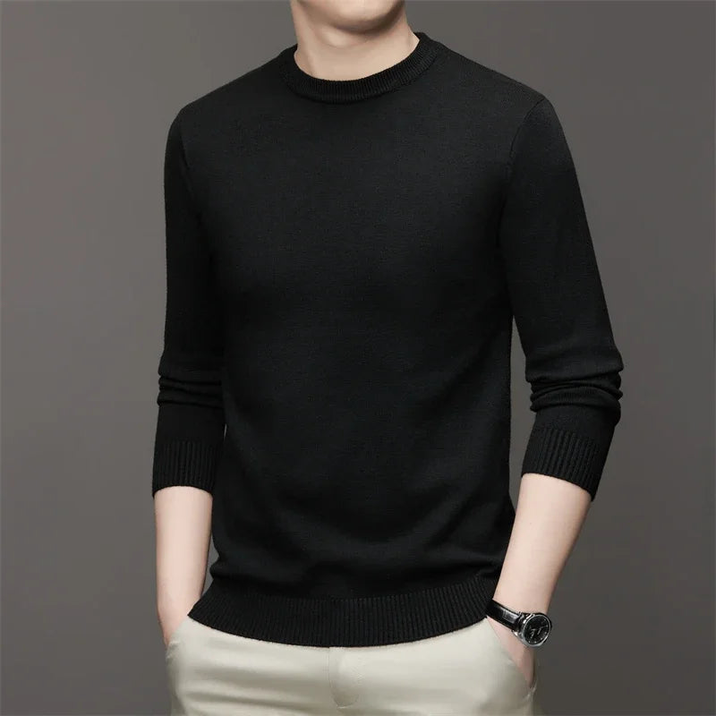 Men's Round Neck Long Sleeved Solid Color Sweater