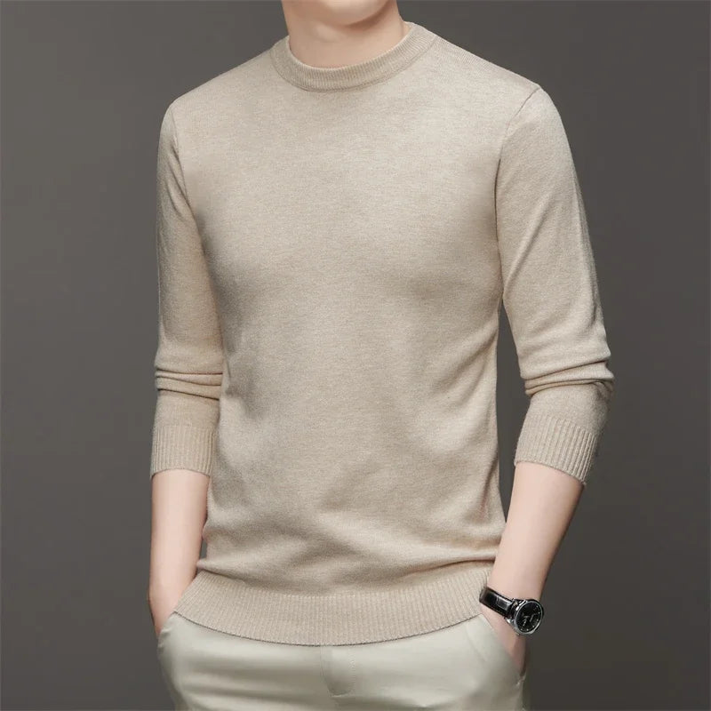 Men's Round Neck Long Sleeved Solid Color Sweater