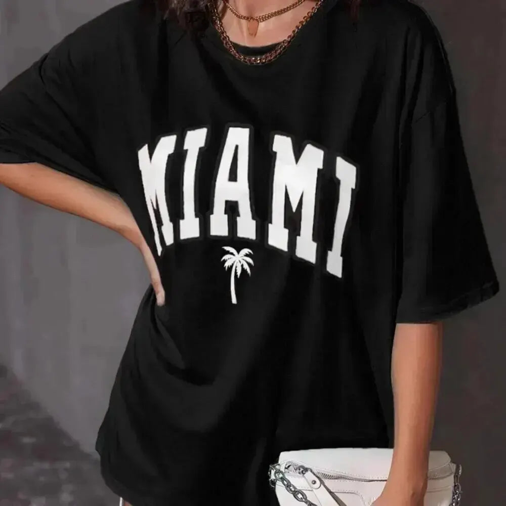 Women Cotton T-Shirts Miami Coconut Tree Beach Prints