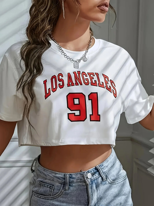 Los Angeles Number 91 Graphic Round Neck Crop T-shirt Women's