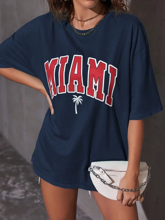 Women Cotton T-Shirts Miami Coconut Tree Beach Prints