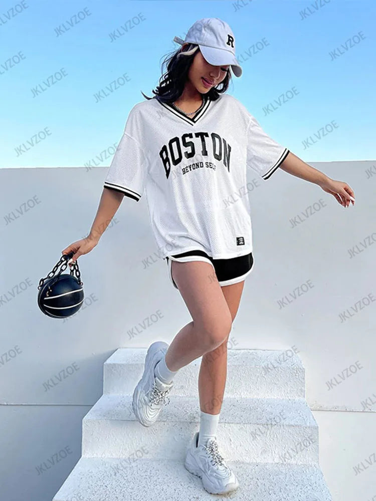 2025 Summer White Boston Print T-Shirt For Women