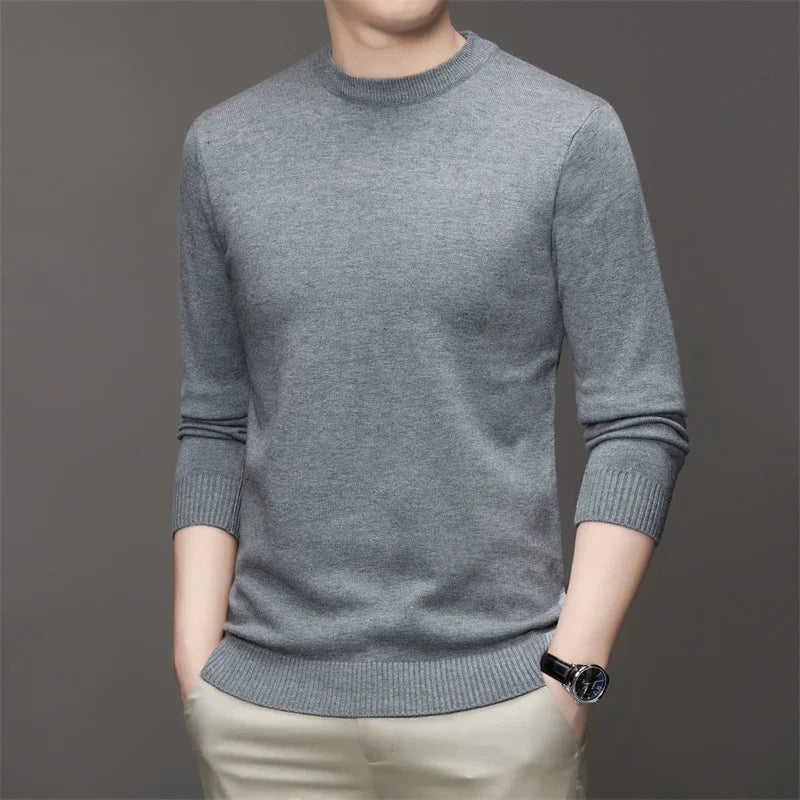 Men's Round Neck Long Sleeved Solid Color Sweater